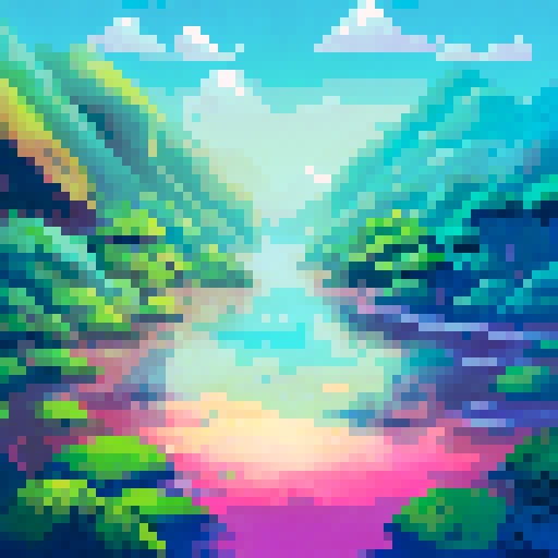 cute amazon river dolphin, vibrant colors, pixelated waves, lush green rainforest, sRGB, pixel art, tropical sunset, sparkling river, misty waterfall, mist-covered mountains, serene landscape