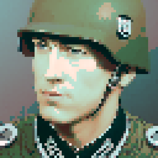 Soldier, army, human, pixelated, vibrant colors, intense gaze, strong jawline, military uniform, stoic expression, detailed facial features, sRGB