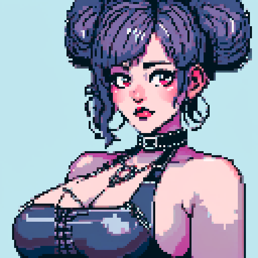 curvy, busty cute goth babe with studded collar, big titty goth wearing studded leather halter top. Large breasts. hair in buns. close up portrait, pixel art, sRGB