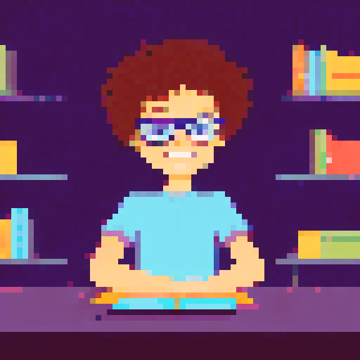 Curly-haired teenboy, glasses on nose, sits on a front-facing table surrounded by a bookshelf landscape , passionately explaining something to me