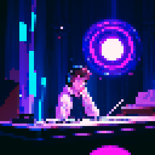 Solo male protagonist, wearing headphones, composing music, surrounded by mystical orbs, lost in a mesmerizing symphony, conjuring a fantastical world with every note, alone in a dim lit room