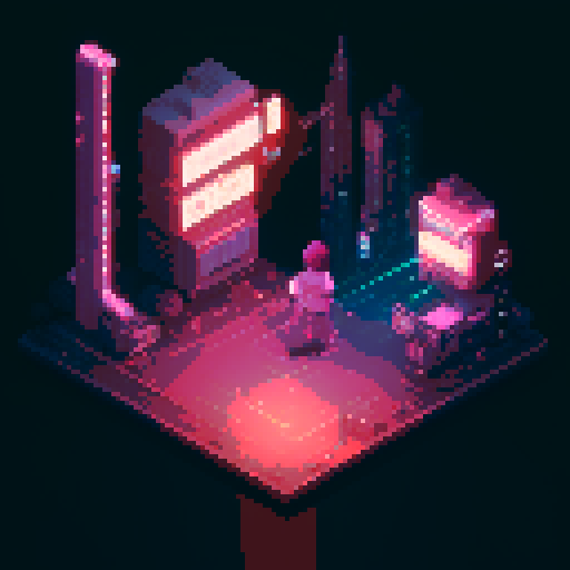 isometric 3D perspective, anime girl hovering in street, Japanese cyberpunk, neon lights, futuristic cityscape, dark colors, pixel art
