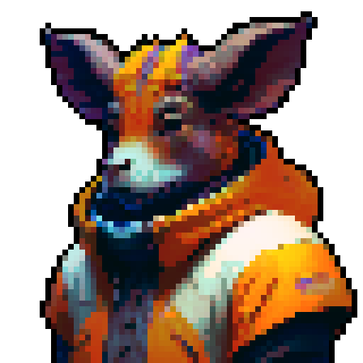 A pixel art portrait of a bull with a neutral expression, featuring a minimalist design with light skin tone, and brown eyes. Set against a solid orange background. The style is reminiscent of early video game characters, with a square aspect ratio.