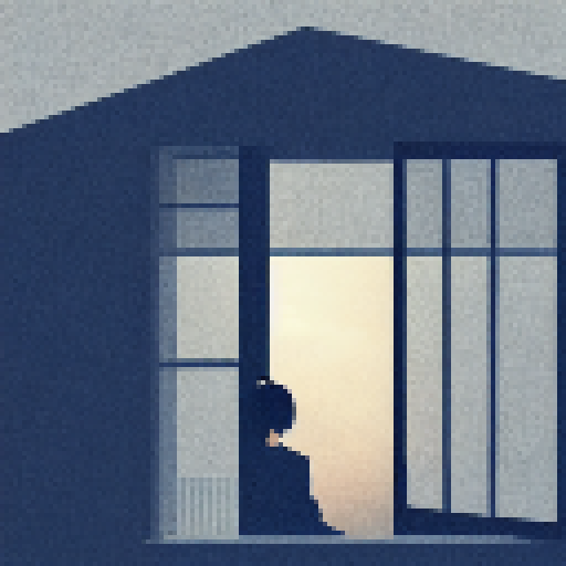 japanese Girl Stand at the second of house, near the window and she sad, with the yellow sky