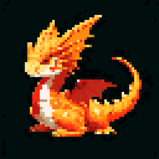 A medium-sized dragon with shimmering red and orange scales. Its wings are fully developed, and it has a fierce expression with flames flickering around its mouth. Its eyes glow with an inner fire, and it stands ready to unleash its fiery breath. No background.
