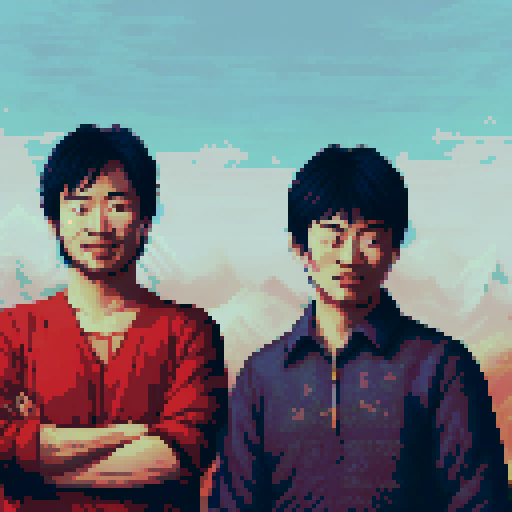 Japanese men, pixelated figures, vibrant colors, sRGB palette, intricate pixel art details, traditional clothing, serene background, peaceful landscape