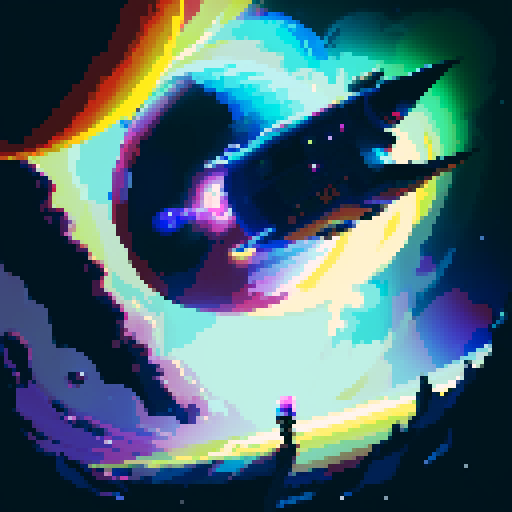 spaceship, sideview, vibrant galaxy, swirling nebulas, twinkling stars, pixel art, srgb