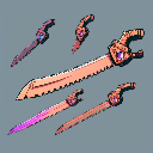 I want just the cutting blade of an chainsaw constructed out of copper and gems. I want this object usable an asset in a videogame, meaning only one object per image, outlined with a strong black stroke, on a solid-color background.