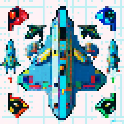 Spaceship, sleek design, metallic exterior, vibrant colors, retro aesthetic, pixelated details, glowing thrusters, starry backdrop, futuristic cockpit, pilot's seat, control panels, blinking lights, computer screens, holographic displays, wireframe outlines, geometric shapes, neon accents, pixelated stars, low-resolution textures, vibrant pixel art style, sRGB color space