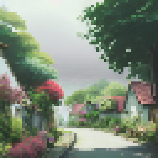 Misty, pastel village with quaint houses and winding streets, nestled in the lush greenery of the countryside, as if straight out of a charming simulation game.