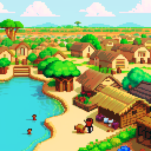 African market view with a village background