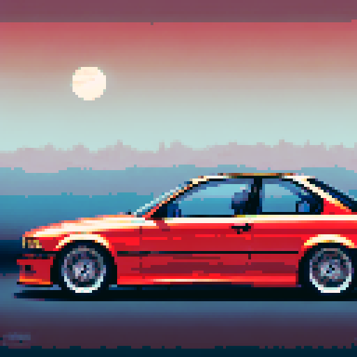 Photorealistic, centered BMW e36 series in a three quarter view, right wheel in front, clean background, pixel art style with sRGB colors
