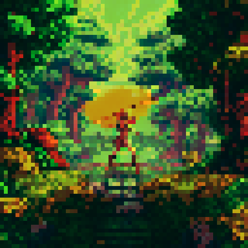 faceless nude human in yellow, wielding bow, targeting animal, surrounded by greenery, pixel art, sRGB