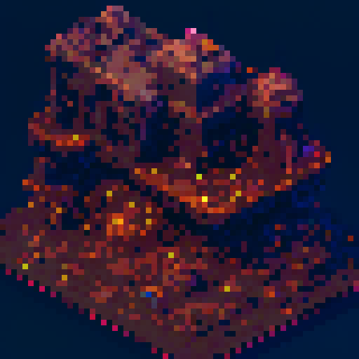 Isometric pixel art, towering mechanical monstrosities, decaying cities, flickering neon signs, bio-mechanical abominations, glowing cybernetic eyes, twisted tentacled nightmares, floating debris, ominous dark skies, toxic wastelands, rusted metal, eerie purple hues, glitching holographic billboards