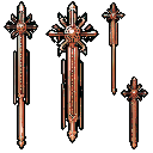 I want a tall vertical copper structure reminiscent of an sword that can channel energy. It should have strange mechanical details that could interlock with each other. I also want this object usable as an asset in a videogame, meaning only one object per image, outlined with a strong black stroke, on a solid-color background.