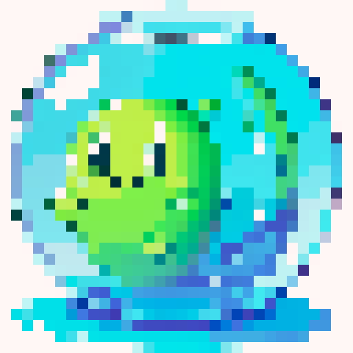 Slime, A simple amorphous blob with a glossy, semi-transparent green body. It has big, round eyes and a goofy smile, with small bubbles inside its jelly-like structure.

