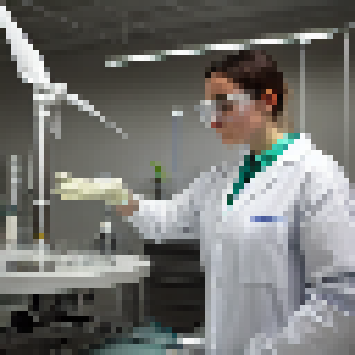 A scientist working in a laboratory with a background of wind turbines, representing a commitment to sustainable energy and environmental responsibility.