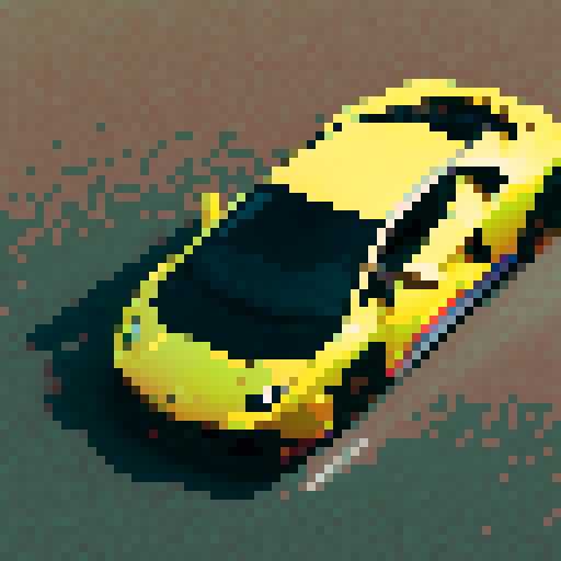 yellow symmetrical Lamborghini, smoke billowing, rear wheels, logo prominently displayed, shot from above the hood, pixel art