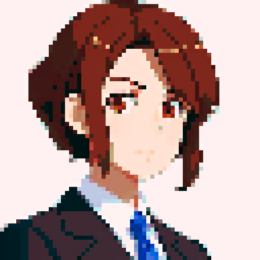 minister of economy, brown hair, close-up, confident stance, anime style, pixel art, suit, front view, 50-years-old, front view, bust, middle-part-hair