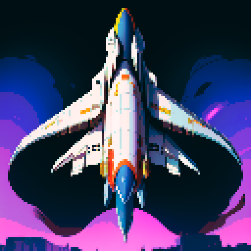 futuristic space shuttle, vibrant colors, retro-futuristic pixel art, jrpg