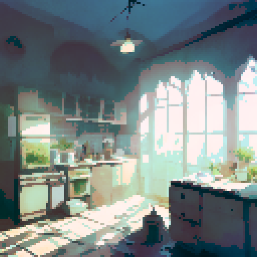 Cobweb-covered furniture, broken glass windows, and flickering light bulbs illuminate the eerie and haunting atmosphere of the abandoned building interior