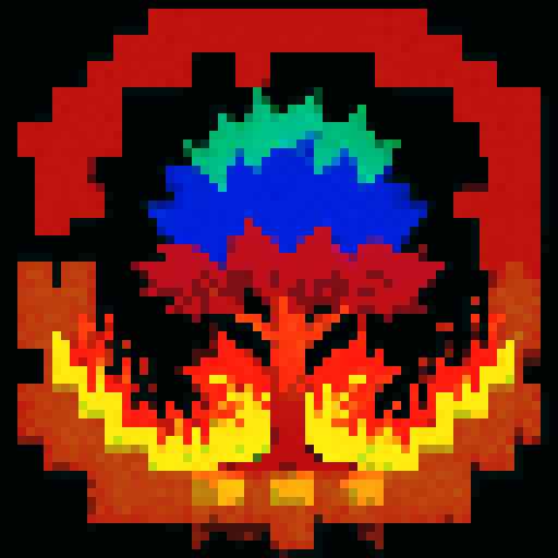 A blazing, pixelated tree engulfed in vibrant flames, radiating intense colors in a distinctive sRGB style