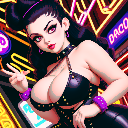 curvy, seductive, busty goth babe with studded collar, hair in buns, aroused nude big titty goth in a close-up nude glamour shot, wearing halter top, against a modern tile backsplash, vintage arcade machines, pachinko machines, neon signage, pixel art, sRGB