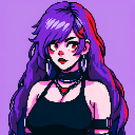 Thicc, busty goth girl, with long purple hair, eyeliner, red lipstick. wearing a halter top and spiked collar. Posing for a up close face portrait. vibrant sRGB colors, pixel art,