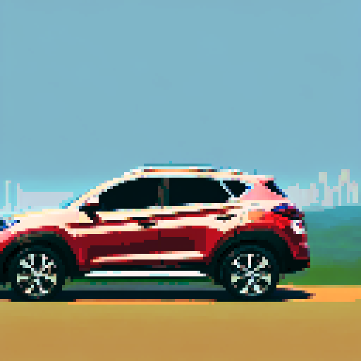 Photorealistic, centered Hyundai Tucson in a three quarter view, right wheel in front, clean background, pixel art style with sRGB colors