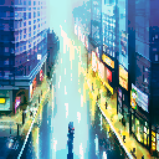 rain-soaked streets, towering skyscrapers, vibrant neon lights, cascading water droplets, misty reflections, umbrella-clad pedestrians, foggy silhouettes, glistening pavement, moody atmosphere, dramatic cityscape