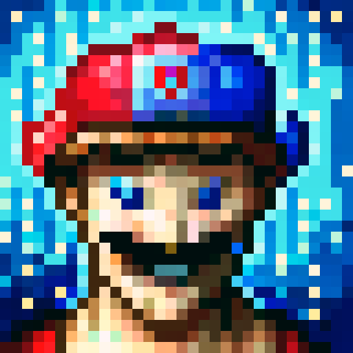 player character, Mario, with bold colors, pixelated details, iconic red hat, blue overalls, white gloves, bushy mustache, wide eyes, determined expression, 32x32 pixel art, sRGB, skillful shading, close-up portrait