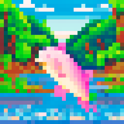 a pink dolphin jumping in a river in the middle of a rainforest
