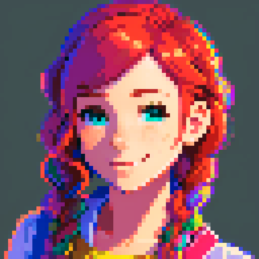 stardew valley-inspired, woman, pixel art, sRGB, vibrant colors, rustic backdrop, braided hair, glowing skin, gentle smile, freckles, rosy cheeks
