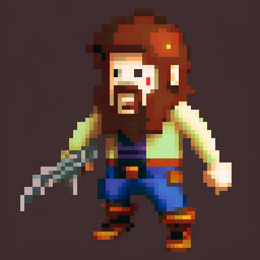 rugged, handsome, pirate captin, vibrant, pixelated character sprite jumps, runs, and swings a sword in a fantasy-themed, pixel art world. he also shoots pistols.