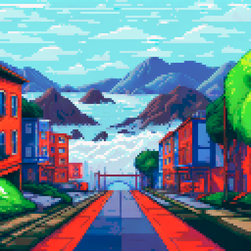 Golden Gate Bridge looming in the distance, fog rolling over the hills, cable cars traversing the streets, Victorian houses lining the roads, and a bustling waterfront scene