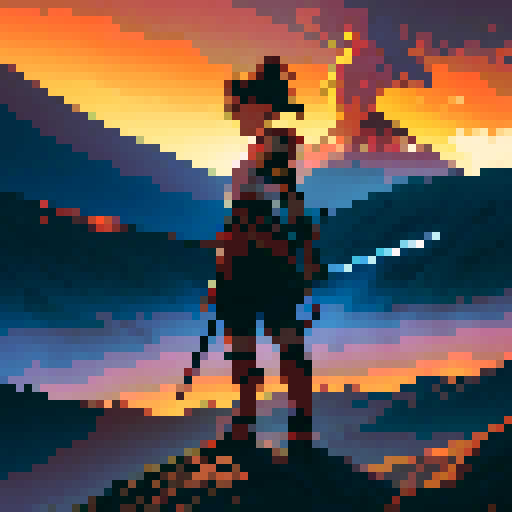 Anime warrior on an adventure with a volcano in the background. The warrior is holding a sword. 
