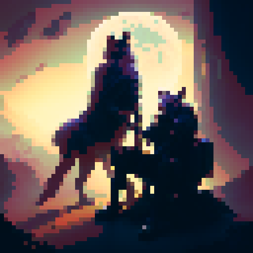 Wolf and man sitting on a bench at night with a moon in the sky