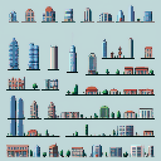 sheet of examples of different buildings, front view, minimalistic, pixel art, ARNE32
