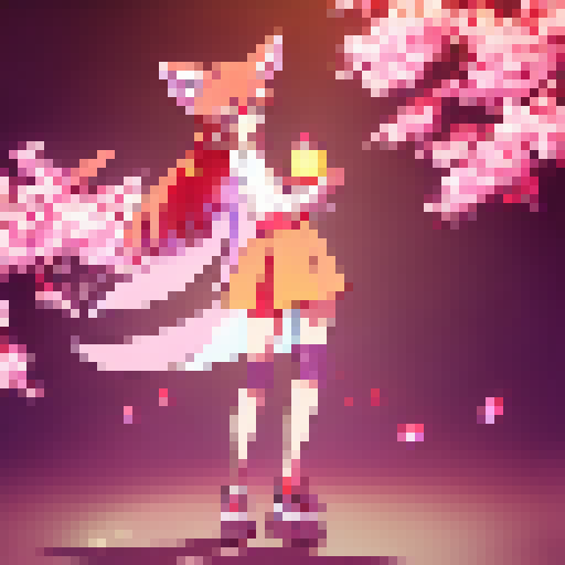 Kitsune girl, anime style, with nine tails swaying behind her, stands gracefully in a vibrant cherry blossom garden, holding a mystical orb that glows with a soft, ethereal light.