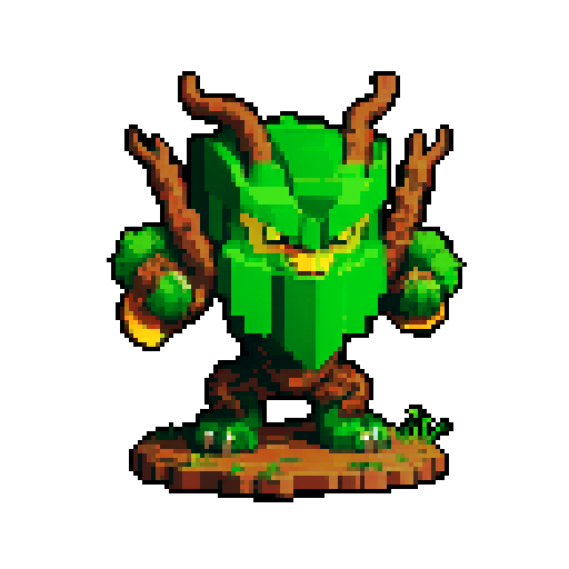 A vigilant guardian made of sturdy wood and roots, with sharp branches and glowing yellow eyes. It has a fierce expression and an imposing stance, dedicated to safeguarding the forest. No background.
