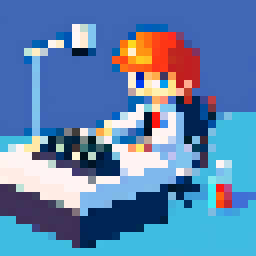 scientist, desk, typewriter, pixel art, sRGB, focused, lab coat, table, desk 