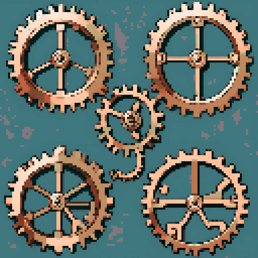 I want a copper gear that looks like it was made by a master clockmaker. It should have strange mechanical details that could interlock with each other. I also want this object usable an asset in a videogame, meaning only one object per image, outlined with a strong black stroke, on a solid-color background.