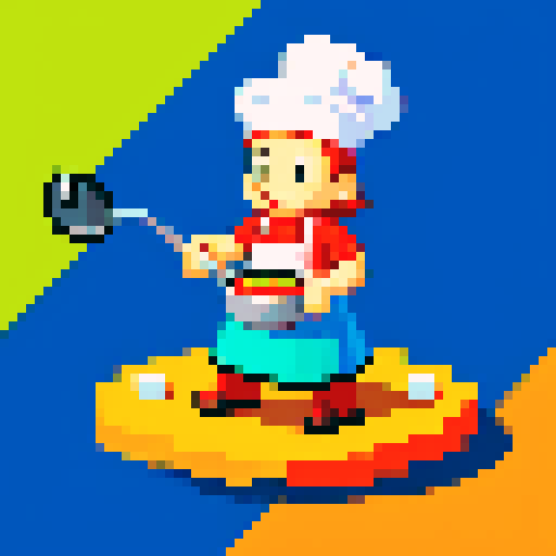 cooking chef character, pixel art, frying pan in hand, 2D plateformer video game, vibrant colors, detailed shading, dynamic pose, sRGB