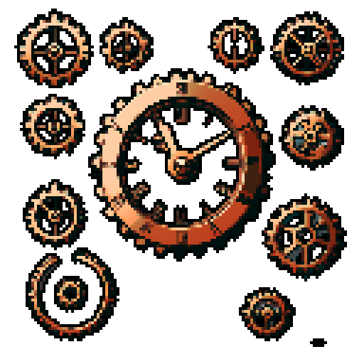 I want a copper gear that looks like it was made by a master clockmaker. It should have strange mechanical details that could interlock with each other. I also want this object usable an asset in a videogame, meaning only one object per image, outlined with a strong black stroke, on a solid-color background.