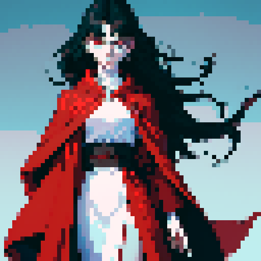 Tall, pale skin warrior with black hair and red robes, white prosthetic right arm, pixel art, sRGB