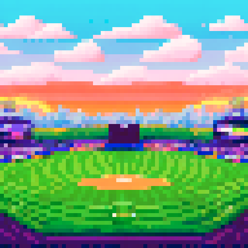 Baseball field, vibrant green grass, neatly lined white bases, players in colorful uniforms, fans cheering in stands, towering floodlights illuminating the night sky, scoreboard displaying team names and scores, pixel art rendition, sRGB color palette, detailed background landscape