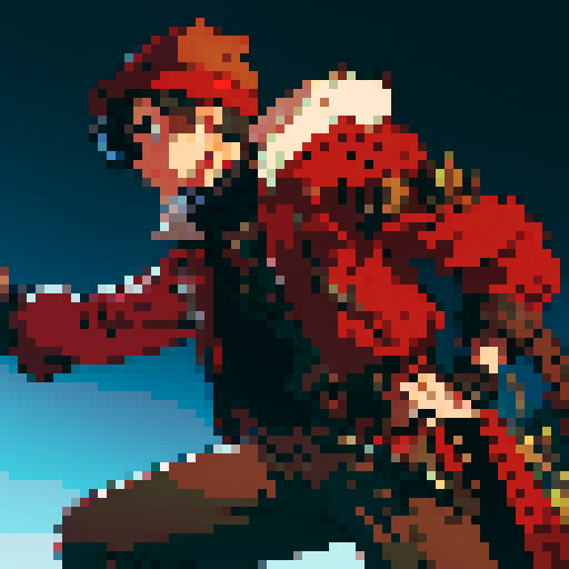 steampunk young man, red coat, red hat, 2D game stance, pixel art, sRGB