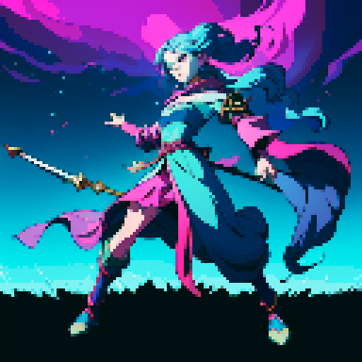 full-body art, sorceress with four arms, blue skin, facing right, ready to fight, surrounded by colorful magic, pixel art, sRGB