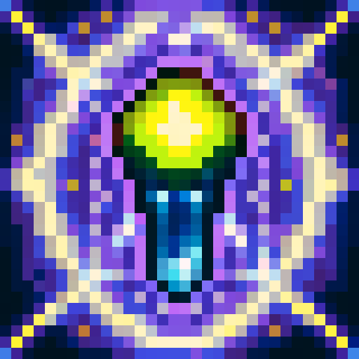 UFO with glowing lights, metallic surface, hovering in starry space, vibrant yellow and blue colors, white highlights, 32x32 pixel art, close-up view, skillful sRGB rendering, game icon style