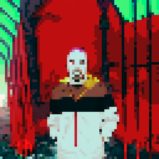 Demon slayer with fiery red hair and piercing green eyes stares fiercely at the viewer in a close-up character portrait, rendered in a vibrant anime style with intricate pixel art details